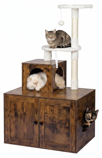 Relaxdays, tiragraffi per gatti con armadietto per la lettiera, dimensioni 133x78x49 cm, pali in sisal e cuccia, aspetto legno, torre per gatti, color marrone scuro
