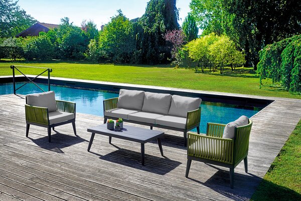 Set Salotto da Giardino Divano 2 Poltrone e Tavolino Nimes con Cuscini in Alluminio e Corda Verde e Grigio