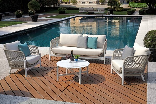 Set Salotto da Giardino Divano 2 Poltrone e Tavolino Vietri in Alluminio e Corda Bianco e Grigio
