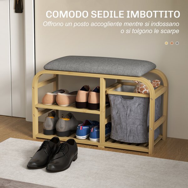 HOMCOM Panca Scarpiera da Ingresso con Seduta Imbottita, Design a Doghe e Cestino Estraibile, 70x30x45 cm, Legno | Aosom Italy