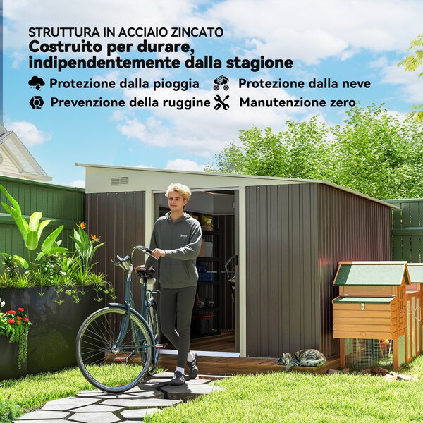 Outsunny Casetta da Giardino con Doppia Porta Scorrevole, Capanno Porta Attrezzi in Acciaio, 345x280.5x169-201cm, Grigio | Aosom Italy