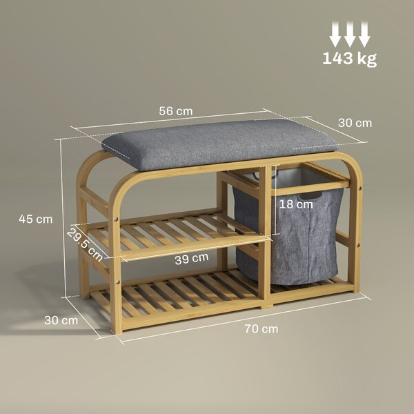 HOMCOM Panca Scarpiera da Ingresso con Seduta Imbottita, Design a Doghe e Cestino Estraibile, 70x30x45 cm, Legno | Aosom Italy