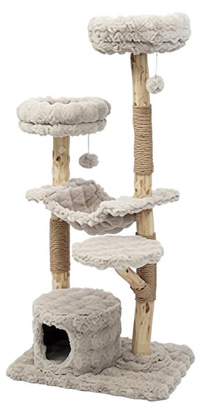 KOMFOTTEU, albero per gatti da 147 cm, con amaca, cuccia e 3 piattaforme. Tiragraffi per gatti in peluche e legno massello, struttura a più livelli con colonne per graffiare e 2 palline in peluche per gatti