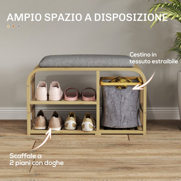 HOMCOM Panca Scarpiera da Ingresso con Seduta Imbottita, Design a Doghe e Cestino Estraibile, 70x30x45 cm, Legno | Aosom Italy