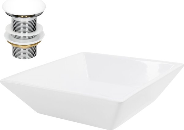 LuxeBath lavabo Lavabo da appoggio quadrato, 41x41x12 cm, bianco, in Vetroceramica, incl. set di scarico senza troppopieno