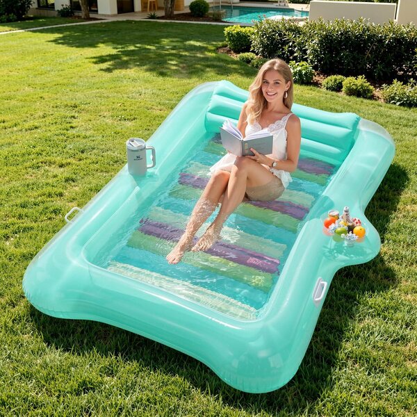 Materassino gonfiabile - Galleggiante relax - Ideale per rilassarsi in acqua - Con secchiello portoghiaccio - 210 x 128 cm - Verde menta trasparente
