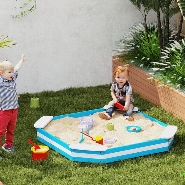 Sabbiera per Bambini 133x133x16 cm con 4 Sedute Angolari in Legno Blu e Bianco