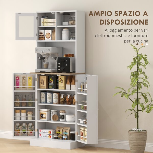HOMCOM Dispensa da Cucina Porta Microonde con Ripiani Aperti e Armadietto con Portaspezie, 60x35x169 cm, Bianco | Aosom Italy