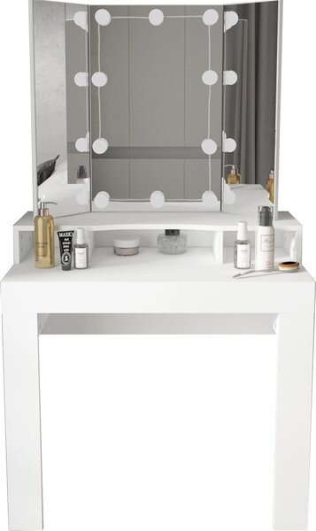 ML-Design tavolo da toilette bianco, tavolo da toilette con illuminazione a LED, specchio 3 pezzi richiudibile, cassetto 3 scomparti, 89,5x155x43,5 cm, tavolo cosmetico in legno MDF