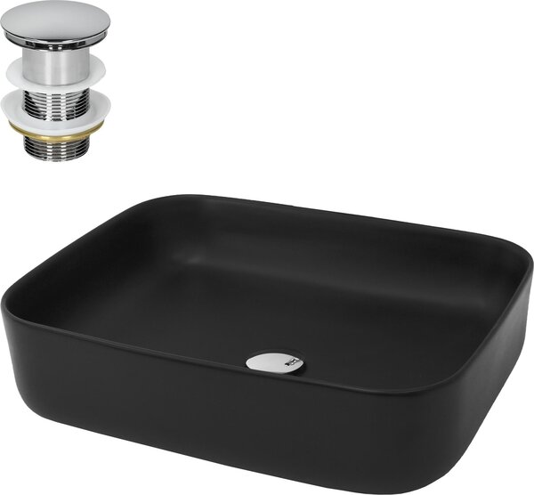 LuxeBath Lavabo da appoggio Square, 51x40,5x13,5 cm, nero opaco, in Vetroceramica, incl. set di scarico senza troppopieno