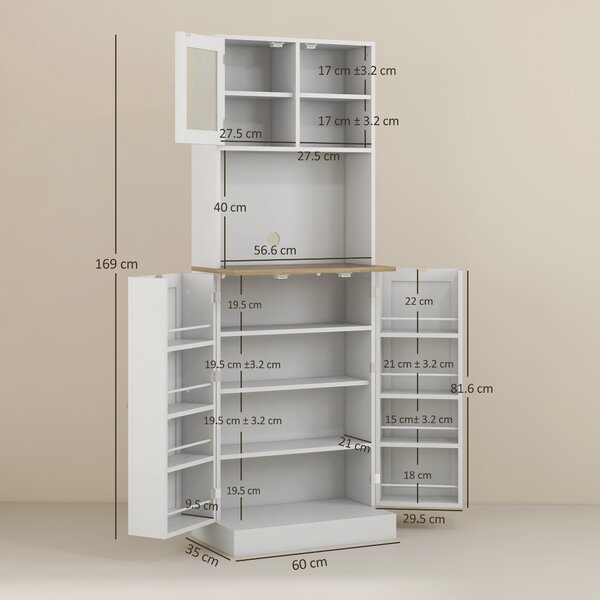 HOMCOM Dispensa da Cucina Porta Microonde con Ripiani Aperti e Armadietto con Portaspezie, 60x35x169 cm, Bianco | Aosom Italy