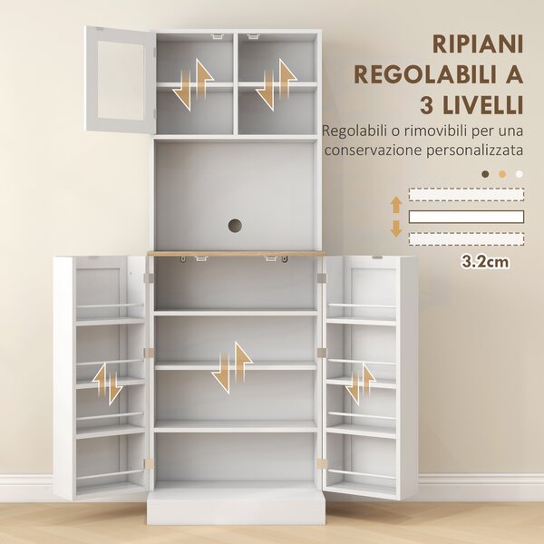 HOMCOM Dispensa da Cucina Porta Microonde con Ripiani Aperti e Armadietto con Portaspezie, 60x35x169 cm, Bianco | Aosom Italy