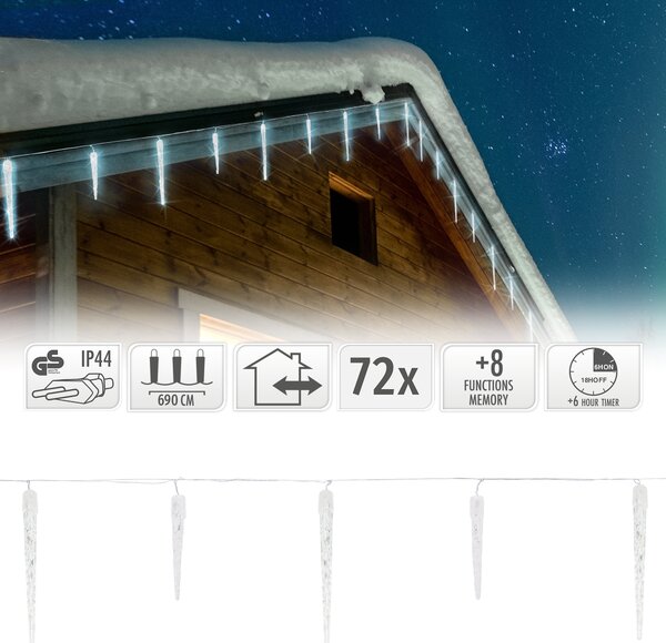 Catena luminosa a ghiaccioli con 72 LED - Lunghezza 6,9 m - Luce bianco-blu - Adatta per interni ed esterni - IP44 - 8 modalità di illuminazione incl. telecomando - Funzione timer