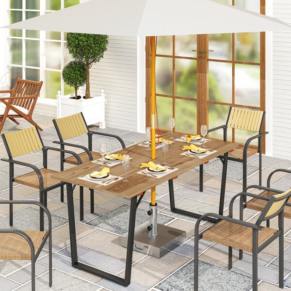 Outsunny Tavolo da Giardino Rettangolare a 6 Posti con Foro per Ombrellone, Legno e Acciaio, 175x80x75 cm, Marrone