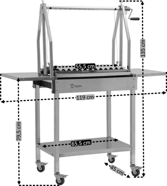 BBQ-Toro griglia per asado in acciaio inox, 119 x 45 x 135 cm, griglia a carbone argentina con ripiani laterali