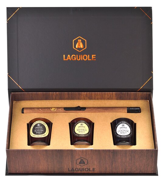 Set 3 Mini Candele Profumate da 30gr 3 Fragranze con Accendigas Effetto Legno