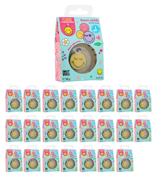 Set 24 Saponette Smiley per Bambini 80 gr con Sorpresa Portachiavi Interno