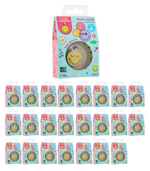 Set 24 Saponette Smiley per Bambini 80 gr con Sorpresa Portachiavi Interno