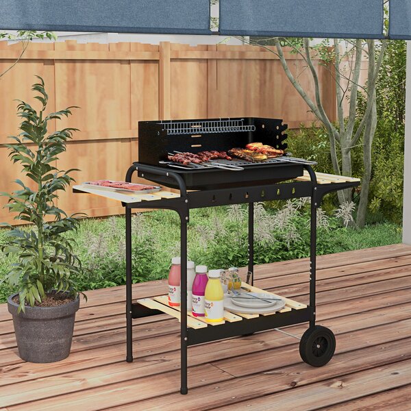 Barbecue a Carbonella 3 Ripiani e Vassoio 103x47x95 cm in Metallo Legno Nera