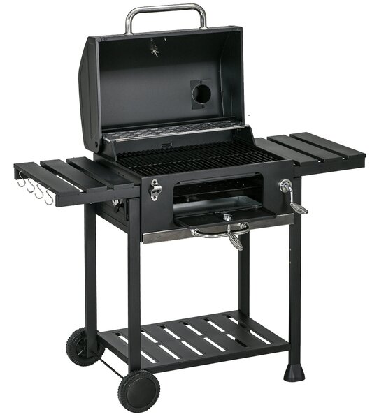 Barbecue a Carbone Griglia Regolabile con Coperchio Ruote e Tavolini Nero