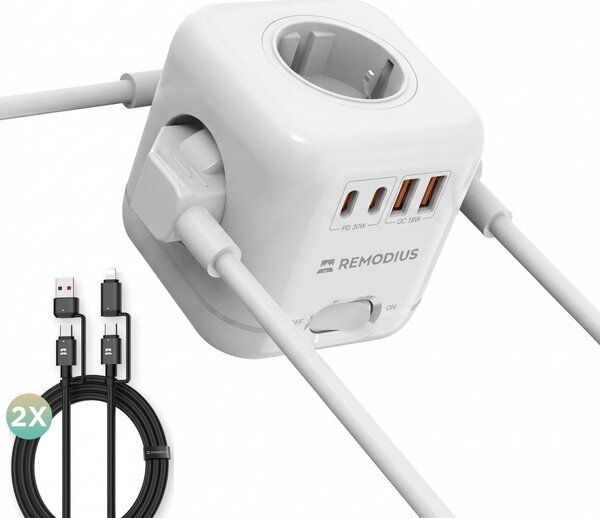Remodius Power Dock, ciabatta multipresa con 4 prese e 4 porte USB (2x USB-C, 2x USB-A), inclusi 2 cavi di ricarica universali 4-in-1