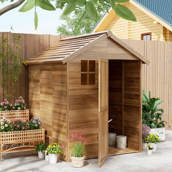 Casetta da Giardino in Legno 1.8x2m con Porta Doppia Finestra e Base Inclusa Colore Legno