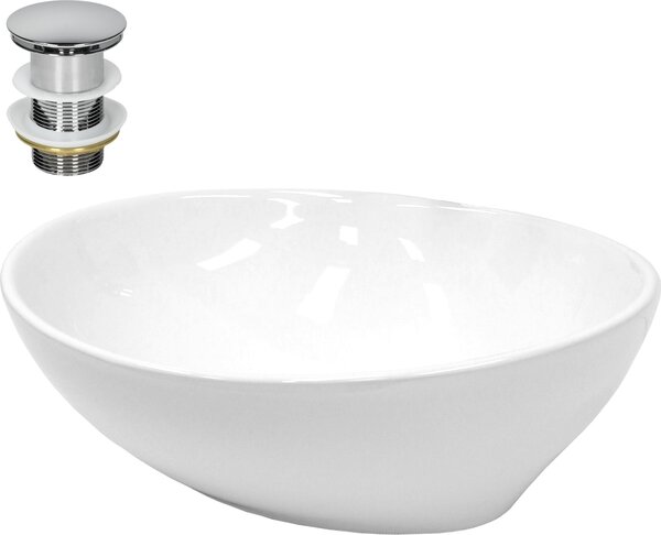 Lavabo LuxeBath Lavabo da appoggio ovale, 41x33x14,2 cm, bianco, in Vetroceramica, incl. set di scarico senza troppopieno
