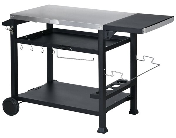 Carrello Barbecue con Tavolino Pieghevole 125x65x84 cm in Acciaio Inox Nero