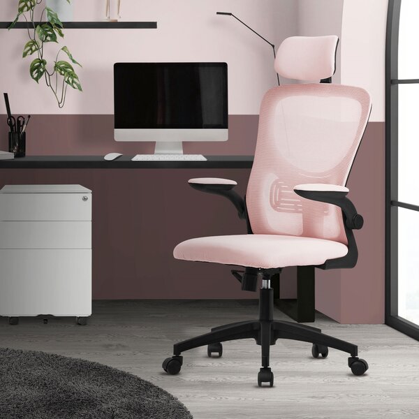 Sedia da ufficio ergonomica ML-Design, rosa, in rete, con poggiatesta regolabile
