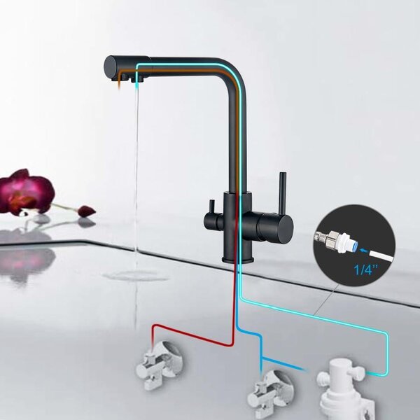 Rubinetto da cucina a 3 vie - Acqua potabile - Girevole a 360° - Miscelatore con 2 maniglie - Ottone nero