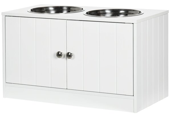 Ciotole per Cani Rialzate con Armadietto da 44L e 2 Ciotole in Acciaio 60x30x35.5cm Bianco