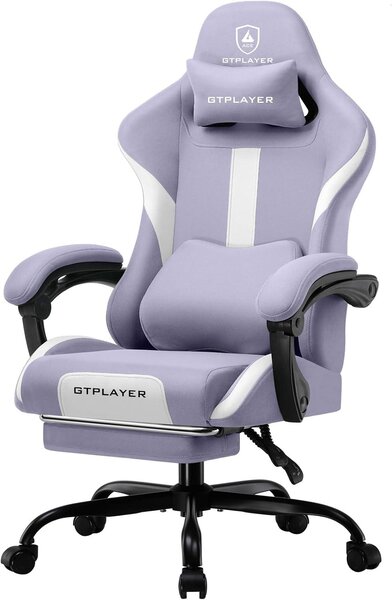 Sedia da gaming viola, con poggiatesta, cuscino lombare e poggiapiedi, ergonomica e girevole, con capacità di carico fino a 150 kg