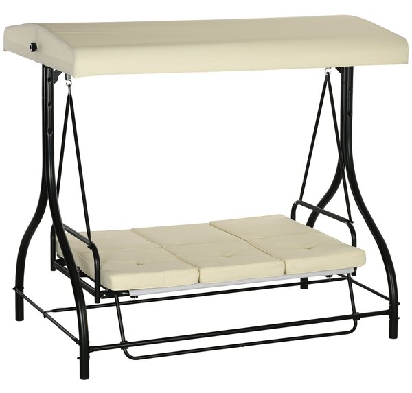 Dondolo da Giardino 3 Posti con Tettuccio Regolabile in Metallo e tessuto Teslin Beige e Nero