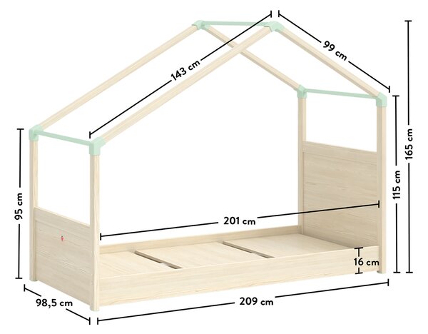 Letto Montessori Natural Con Tetto Laterale 90x200 Cm, Robusto Fino A 130 Kg, Spazio Versatile