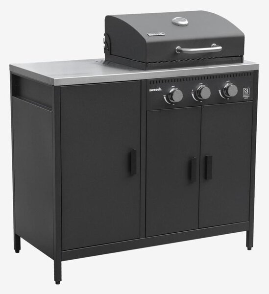 Modulo cucina da esterno in metallo con barbecue a gas a 3 bruciatori, Nero