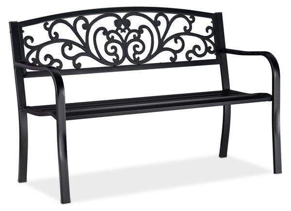 Panchina da giardino Relaxdays, comoda a due posti, con decorazioni vintage, per terrazza o balcone, A x L x P 86,5 x 127 x 60 cm, nera