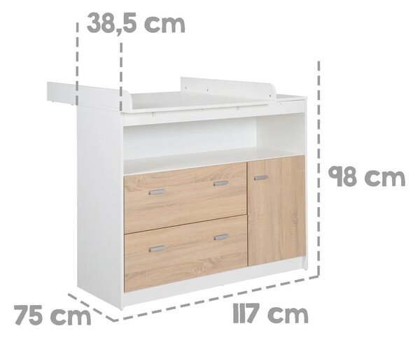 Cassettiera bassa per bambini in rovere con fasciatoio in bianco e naturale 117x98 cm Gabriella - Roba