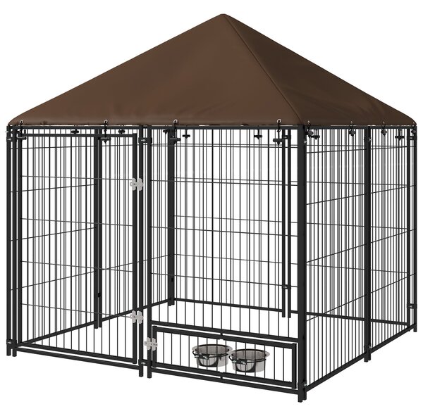 Recinto per Cani con Porticina per Ciotole 141x141x151 cm in Metallo e Tessuto Oxford Nero e Marrone