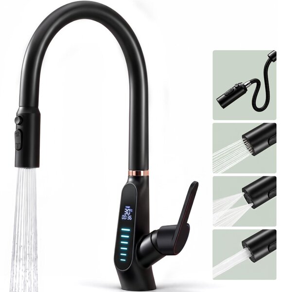 Mai & Mai Rubinetto da cucina Rubinetto miscelatore da cucina estraibile ruotabile a 360° 3 modalità di getto d'acqua Display digitale a LED Rubinetto da cucina Miscelatore per lavello nero 8085