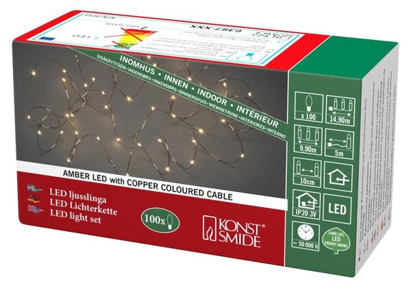 Catena luminosa a LED a goccia 100 diodi color ambra filo color rame