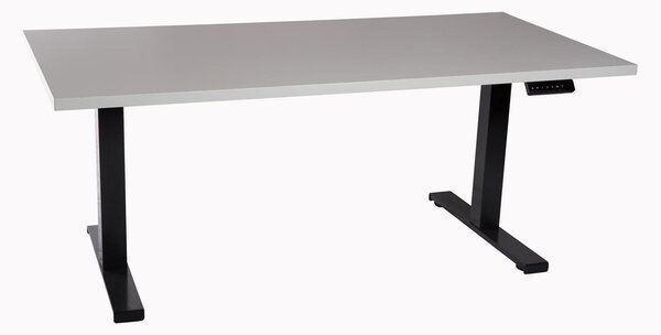 Scrivania da ufficio regolabile in altezza, colore nero, piano in melaminico color grigio chiaro, dimensioni 160x80 cm