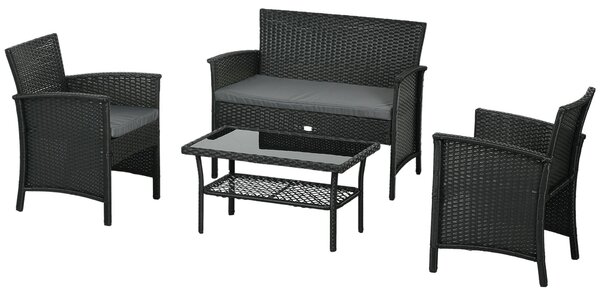 Set Salotto da Giardino Divano 2 Poltrone con Cuscini e Tavolino in Vetro in Rattan PE Nero e Grigio