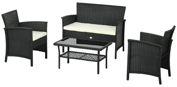 Set Salotto da Giardino Divano 2 Poltrone con Cuscini e Tavolino in Vetro in Rattan PE Nero
