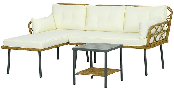 Salotto da Giardino Divano 2 Posti con Chaise Longue e Tavolino in Rattan PE Crema