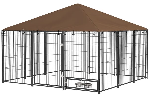 Recinto per Cani con Porticina per Ciotole 211x211x151 cm in Metallo e Tessuto Oxford Nero e Marrone