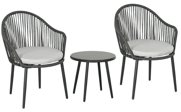 Set Tavolino da Caffè con Piano in Vetro e 2 poltroncine da Giardino in Rattan con Cuscini Grigio