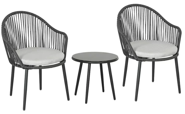 Set Tavolino da Caffè con Piano in Vetro e 2 poltroncine da Giardino in Rattan con Cuscini Grigio