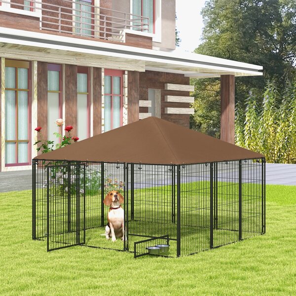 Recinto per Cani con Porticina per Ciotole 211x211x151 cm in Metallo e Tessuto Oxford Nero e Marrone