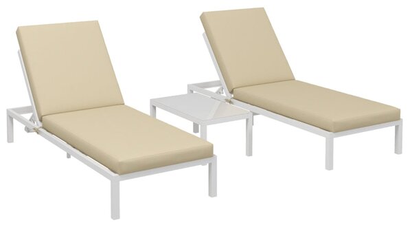Set 2 Lettini Prendisole da Giardino e Tavolino in Vetro Beige