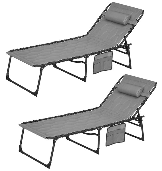 Set 2 Lettini Prendisole da Giardino 65x188x36 cm in Acciaio e Poliestere Grigio e Nero